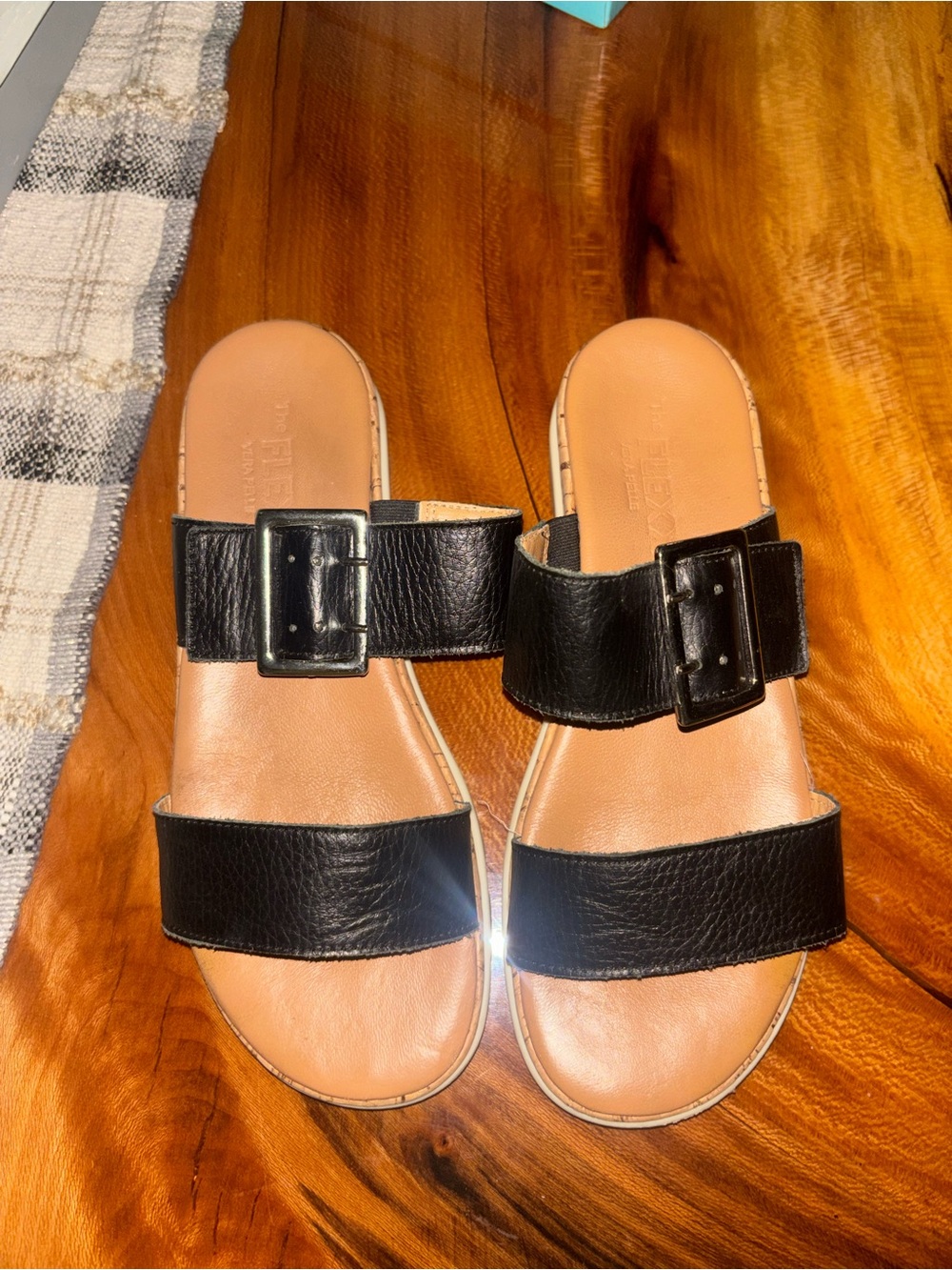 THE FLEXX Black Leather Double-Band Slide Sandals with Buckle